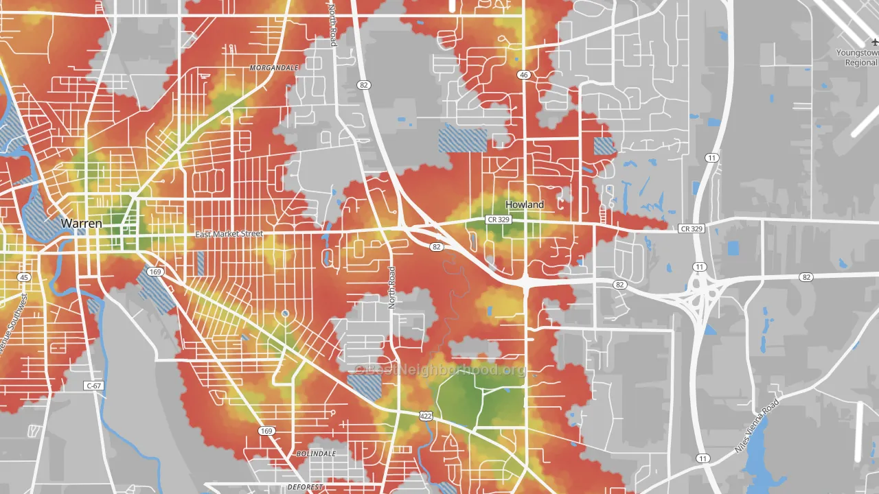Walk Grade map of 44484, OH, walkable areas in green and car-dependent areas in red