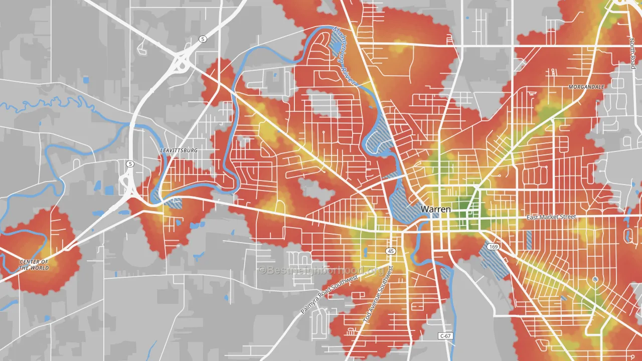 Walk Grade map of 44485, OH, walkable areas in green and car-dependent areas in red