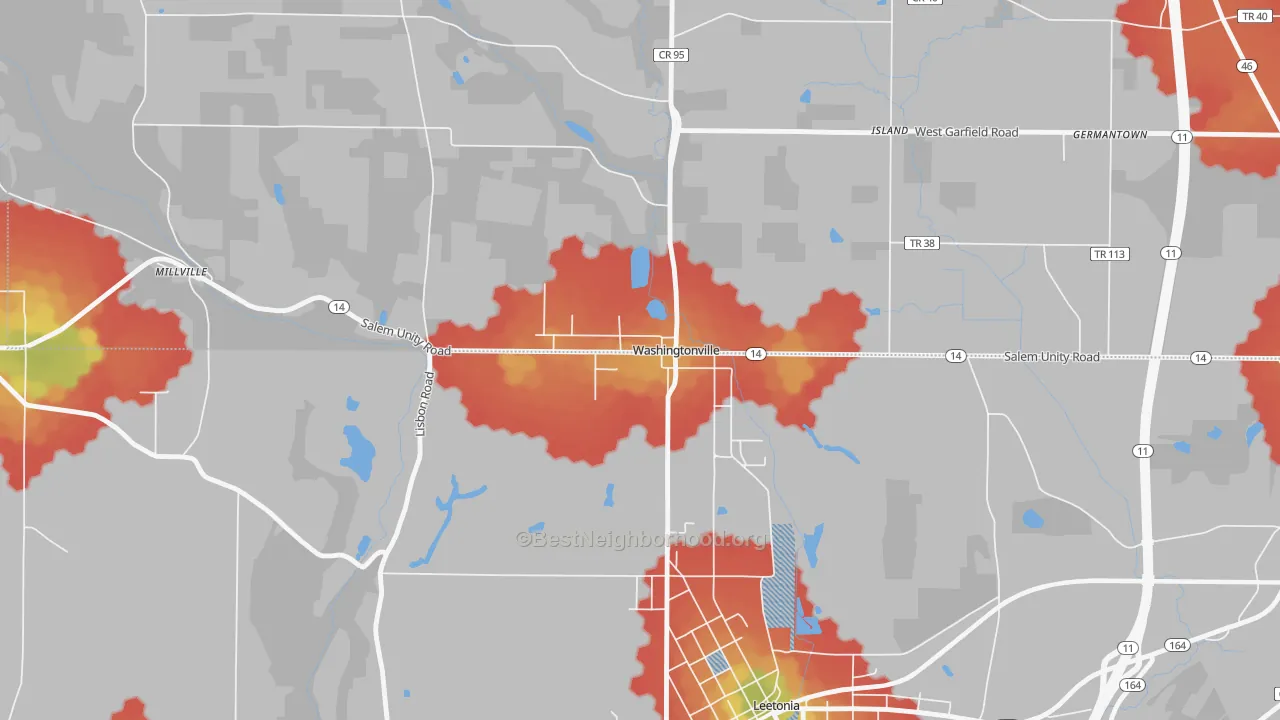 Walk Grade map of 44490, OH, walkable areas in green and car-dependent areas in red