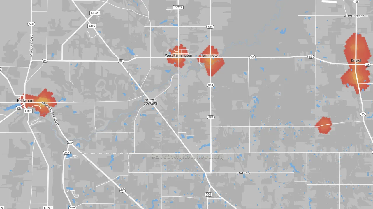 Walk Grade map of 44491, OH, walkable areas in green and car-dependent areas in red