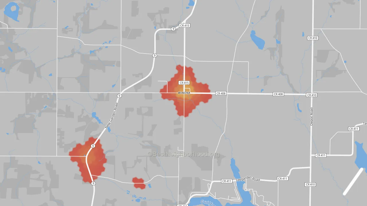 Walk Grade map of 44493, OH, walkable areas in green and car-dependent areas in red