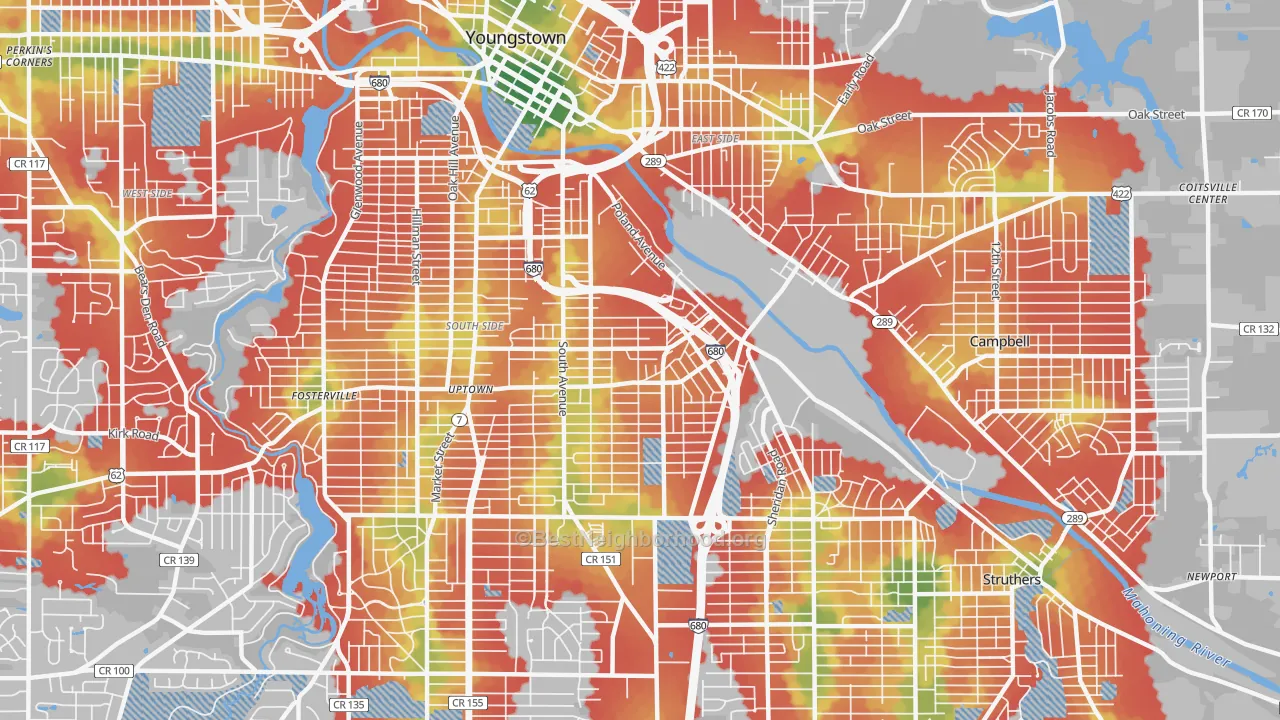 Walk Grade map of 44502, OH, walkable areas in green and car-dependent areas in red