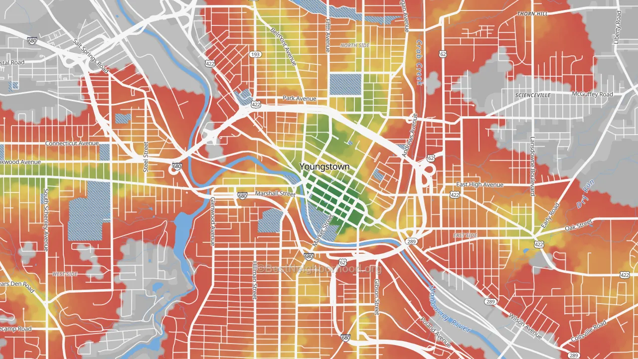 Walk Grade map of 44503, OH, walkable areas in green and car-dependent areas in red