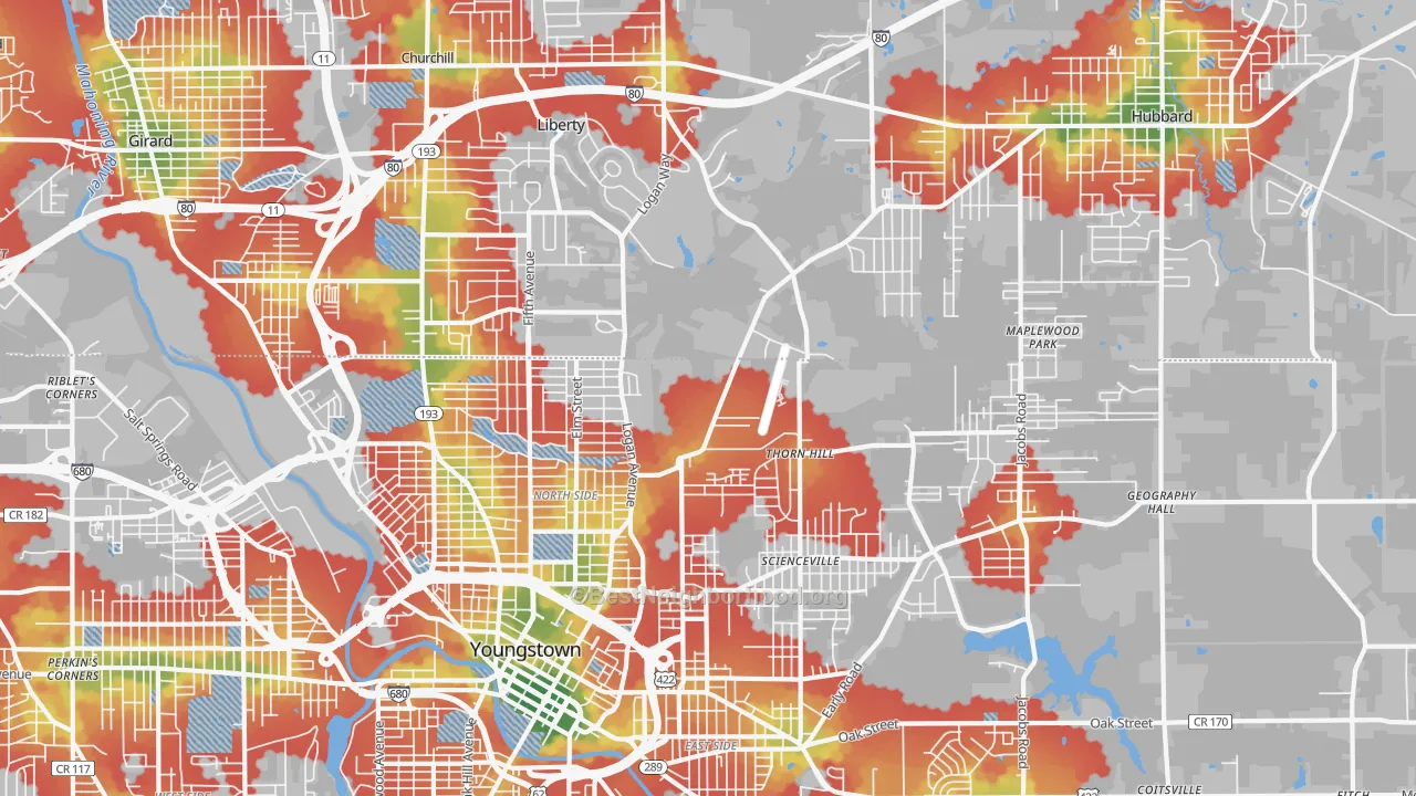 Walk Grade map of 44505, OH, walkable areas in green and car-dependent areas in red