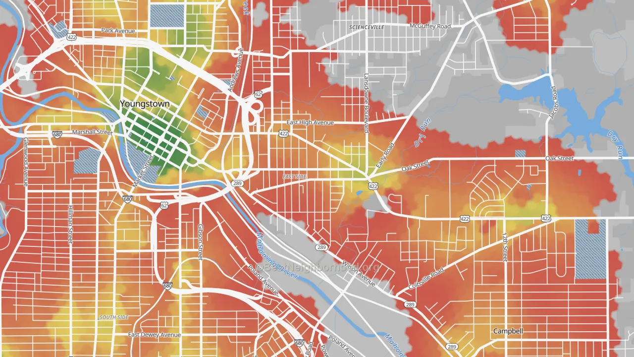 Walk Grade map of 44506, OH, walkable areas in green and car-dependent areas in red