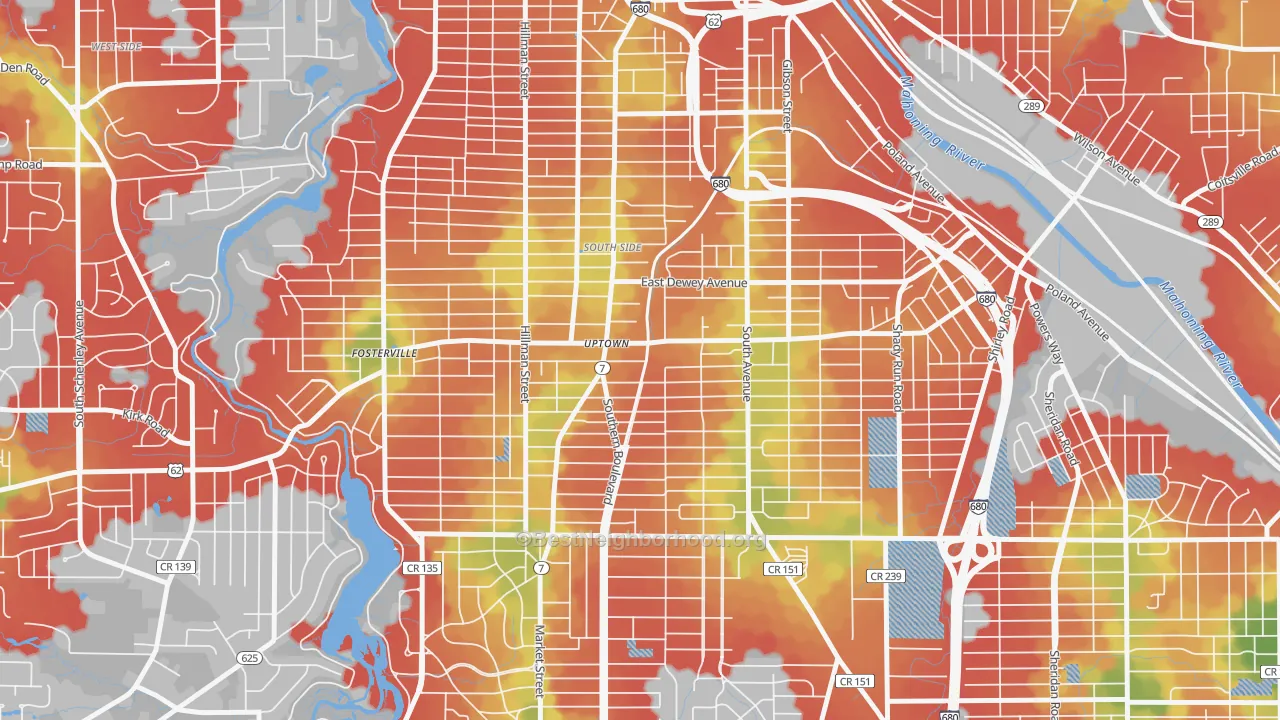 Walk Grade map of 44507, OH, walkable areas in green and car-dependent areas in red