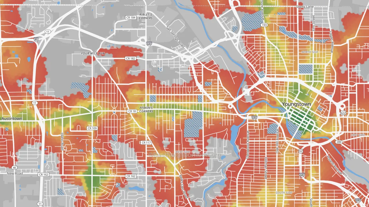 Walk Grade map of 44509, OH, walkable areas in green and car-dependent areas in red
