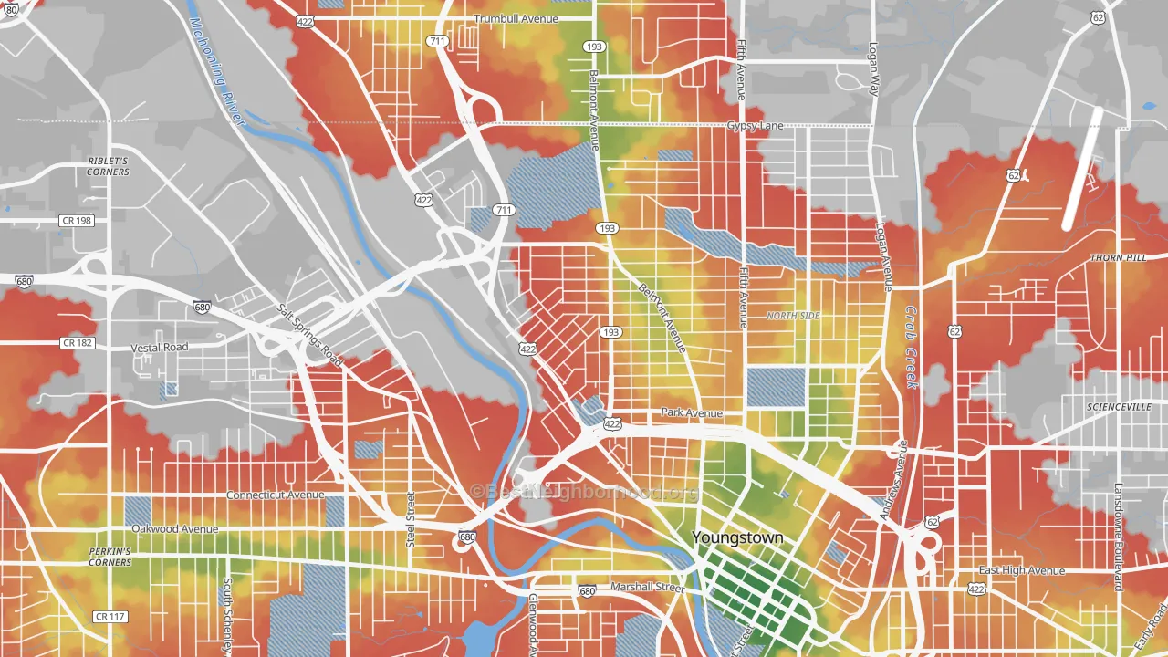Walk Grade map of 44510, OH, walkable areas in green and car-dependent areas in red