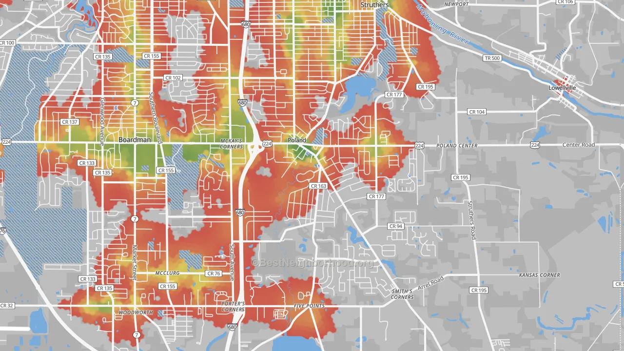 Walk Grade map of 44514, OH, walkable areas in green and car-dependent areas in red