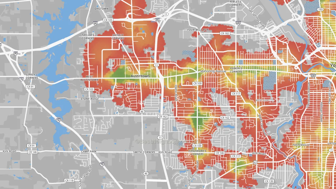 Walk Grade map of 44515, OH, walkable areas in green and car-dependent areas in red