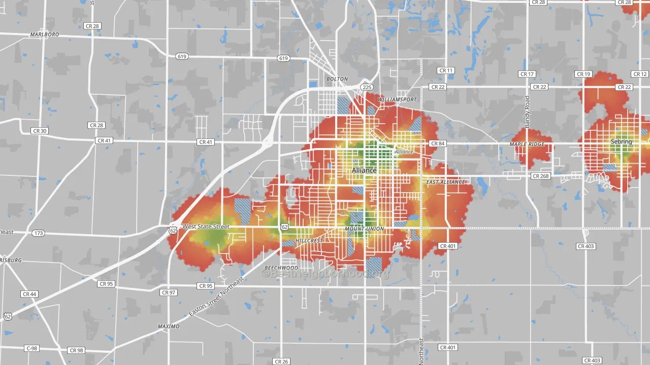 Walk Grade map of 44601, OH, walkable areas in green and car-dependent areas in red
