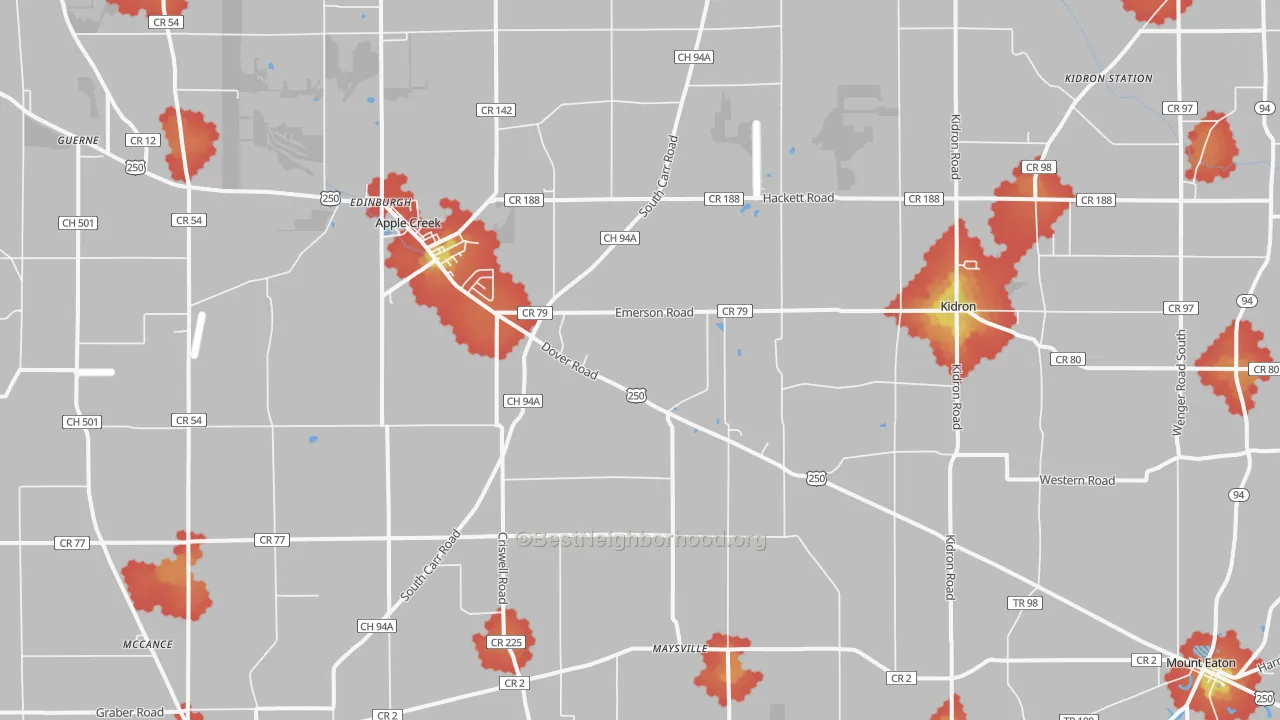 Walk Grade map of 44606, OH, walkable areas in green and car-dependent areas in red