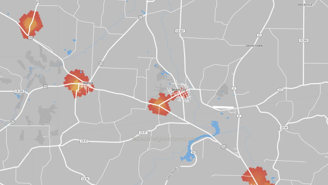 Walk Grade map of 44608, OH, walkable areas in green and car-dependent areas in red