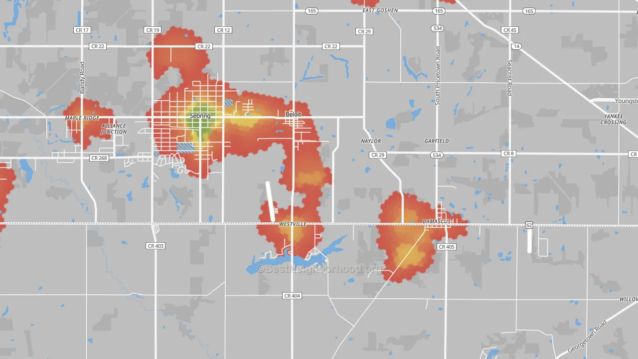 Walk Grade map of 44609, OH, walkable areas in green and car-dependent areas in red