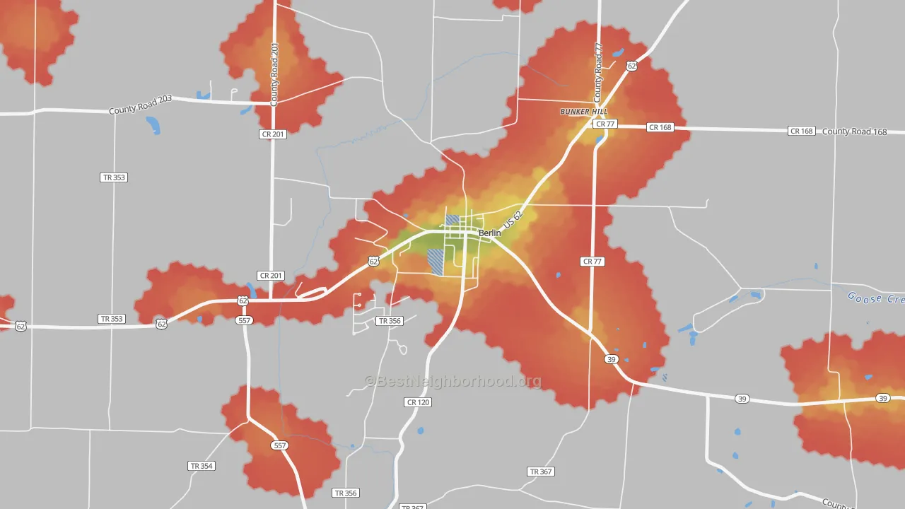 Walk Grade map of 44610, OH, walkable areas in green and car-dependent areas in red