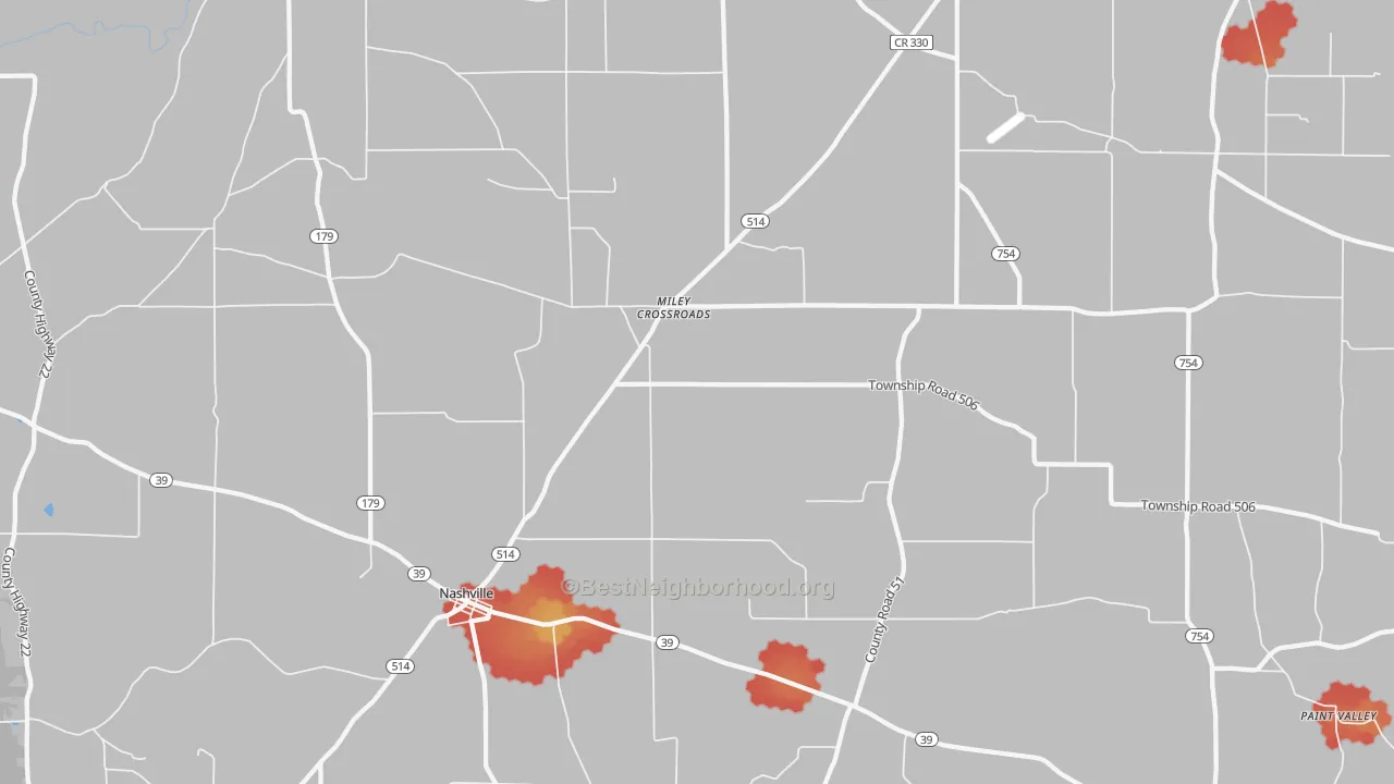 Walk Grade map of 44611, OH, walkable areas in green and car-dependent areas in red