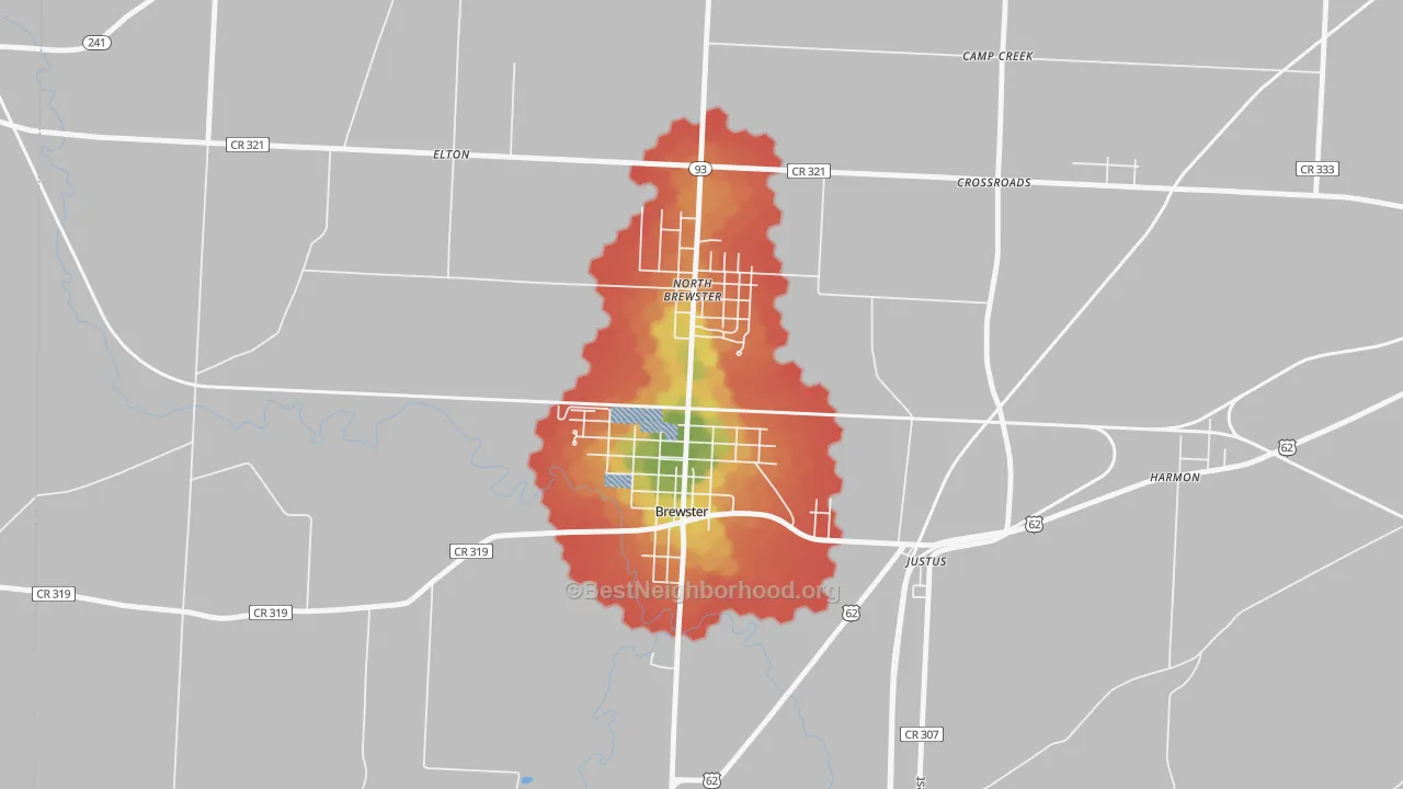 Walk Grade map of 44613, OH, walkable areas in green and car-dependent areas in red