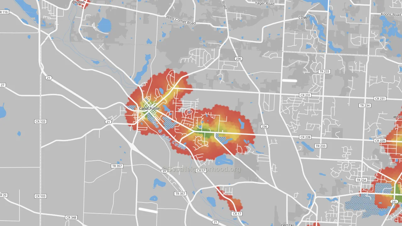 Walk Grade map of 44614, OH, walkable areas in green and car-dependent areas in red