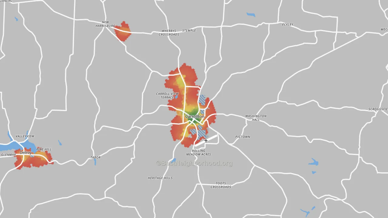 Walk Grade map of 44615, OH, walkable areas in green and car-dependent areas in red