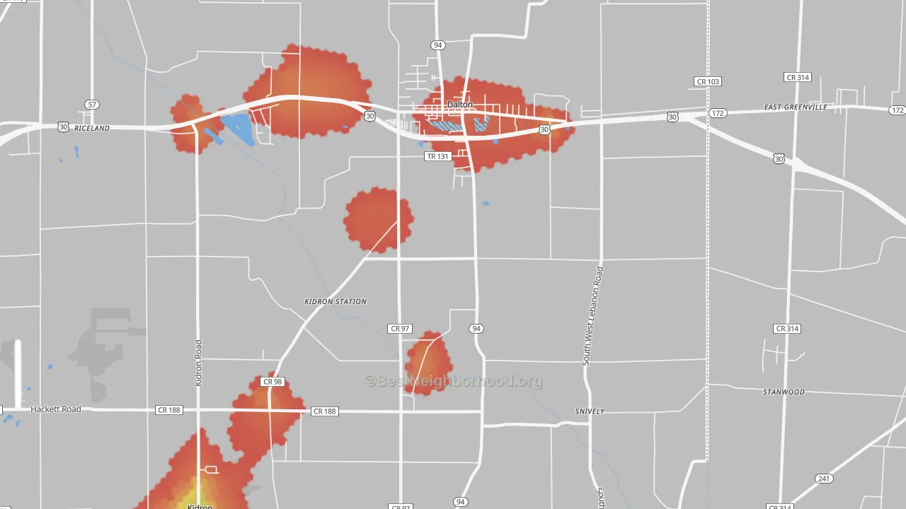 Walk Grade map of 44618, OH, walkable areas in green and car-dependent areas in red