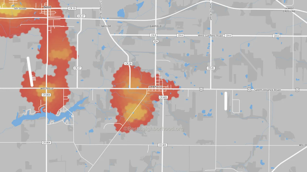 Walk Grade map of 44619, OH, walkable areas in green and car-dependent areas in red