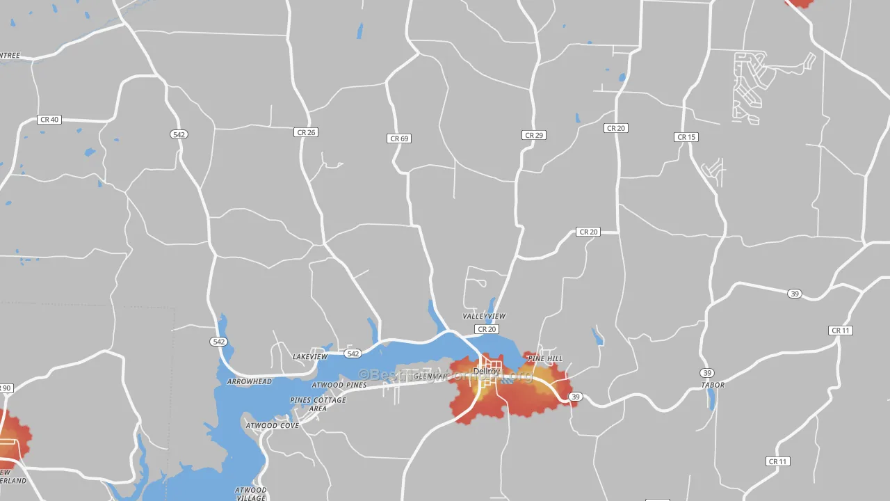 Walk Grade map of 44620, OH, walkable areas in green and car-dependent areas in red
