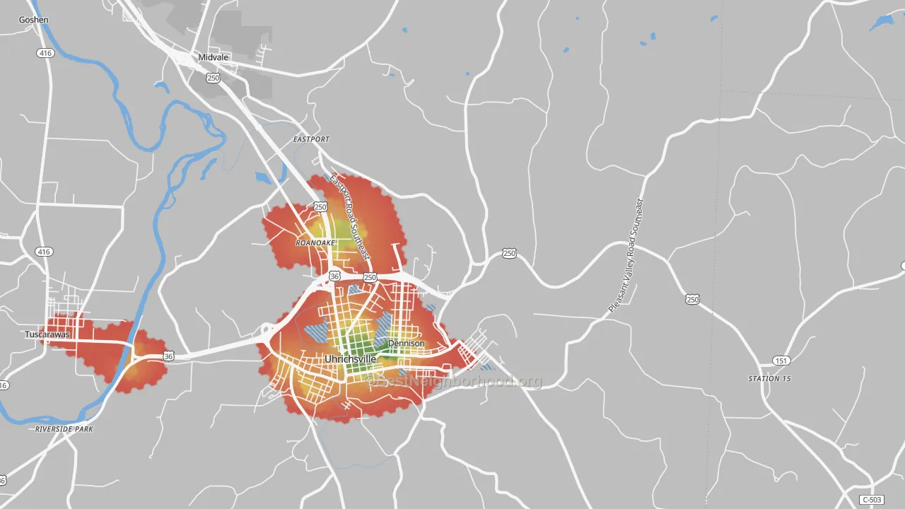 Walk Grade map of 44621, OH, walkable areas in green and car-dependent areas in red