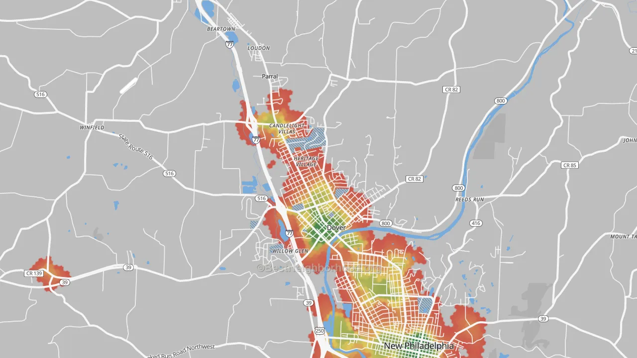Walk Grade map of 44622, OH, walkable areas in green and car-dependent areas in red