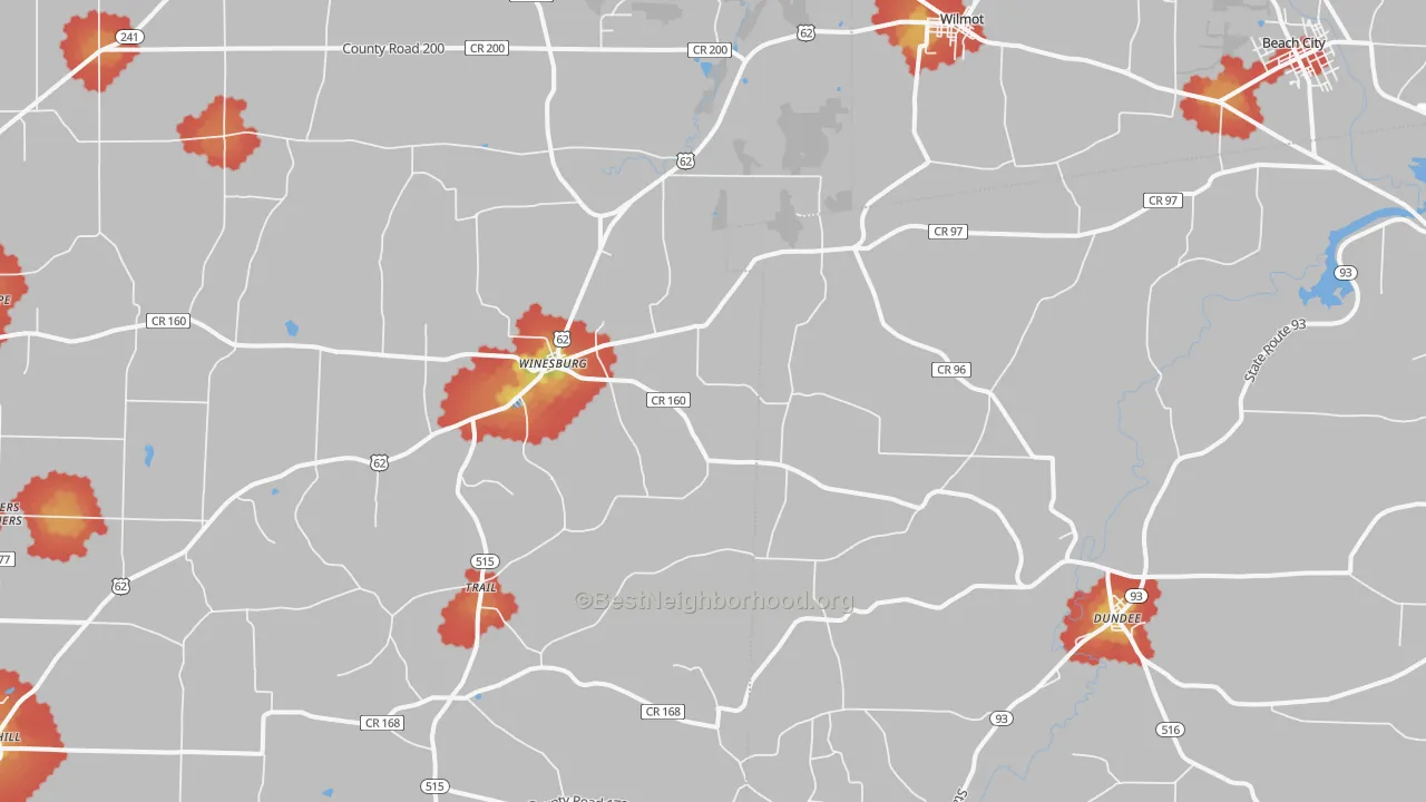 Walk Grade map of 44624, OH, walkable areas in green and car-dependent areas in red