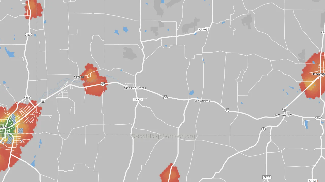 Walk Grade map of 44625, OH, walkable areas in green and car-dependent areas in red