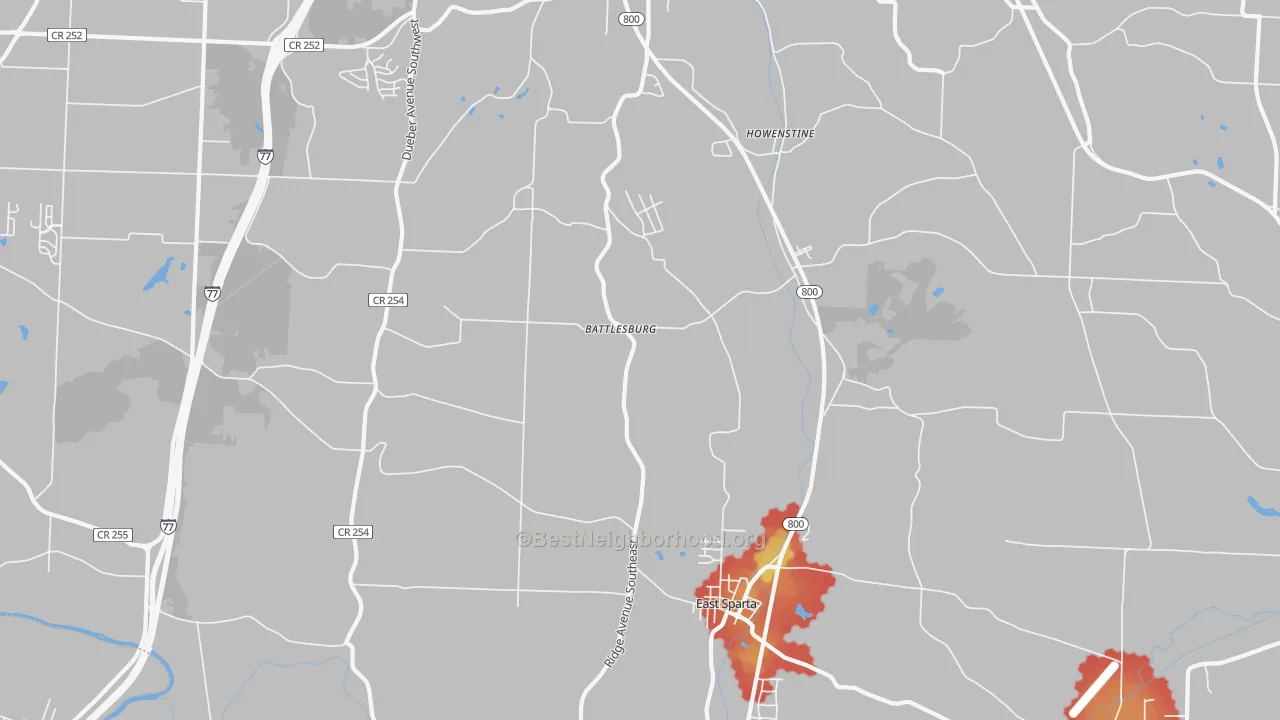 Walk Grade map of 44626, OH, walkable areas in green and car-dependent areas in red