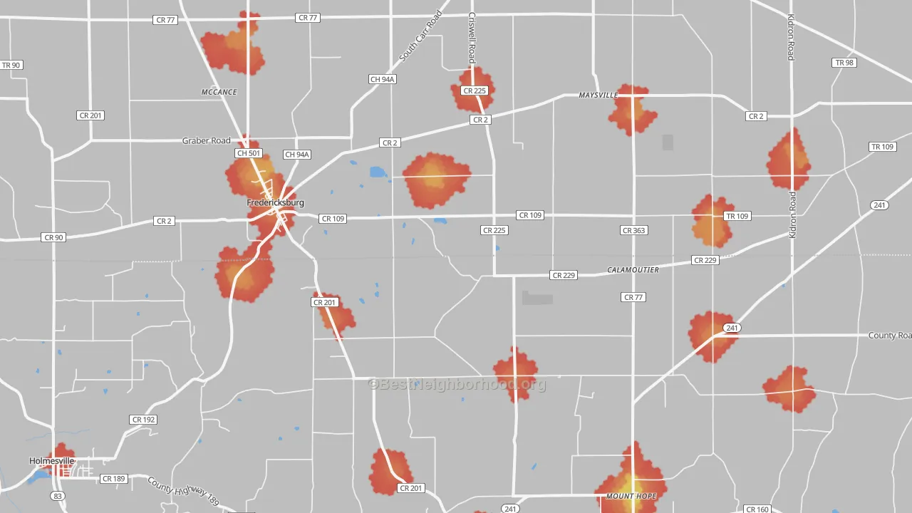 Walk Grade map of 44627, OH, walkable areas in green and car-dependent areas in red