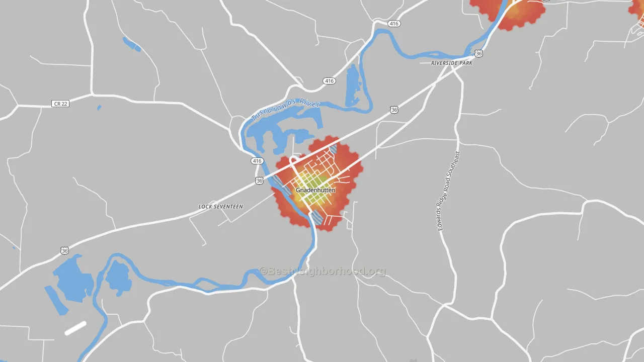 Walk Grade map of 44629, OH, walkable areas in green and car-dependent areas in red