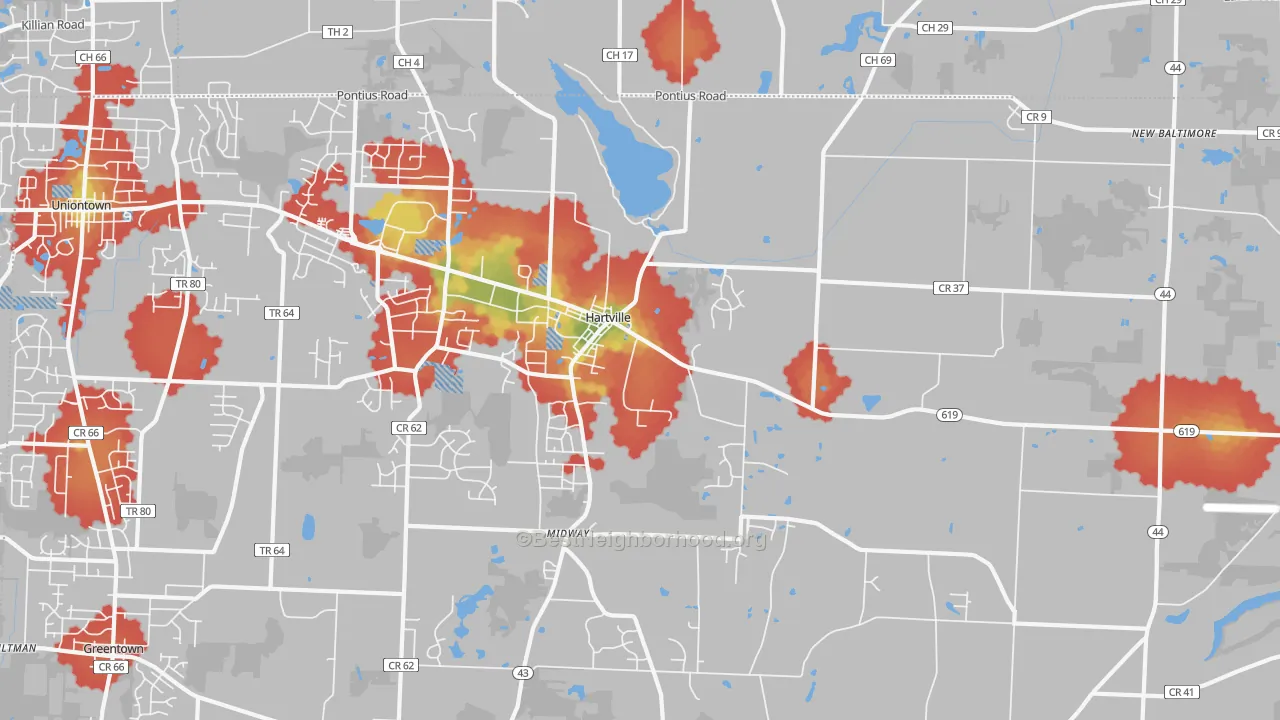 Walk Grade map of 44632, OH, walkable areas in green and car-dependent areas in red