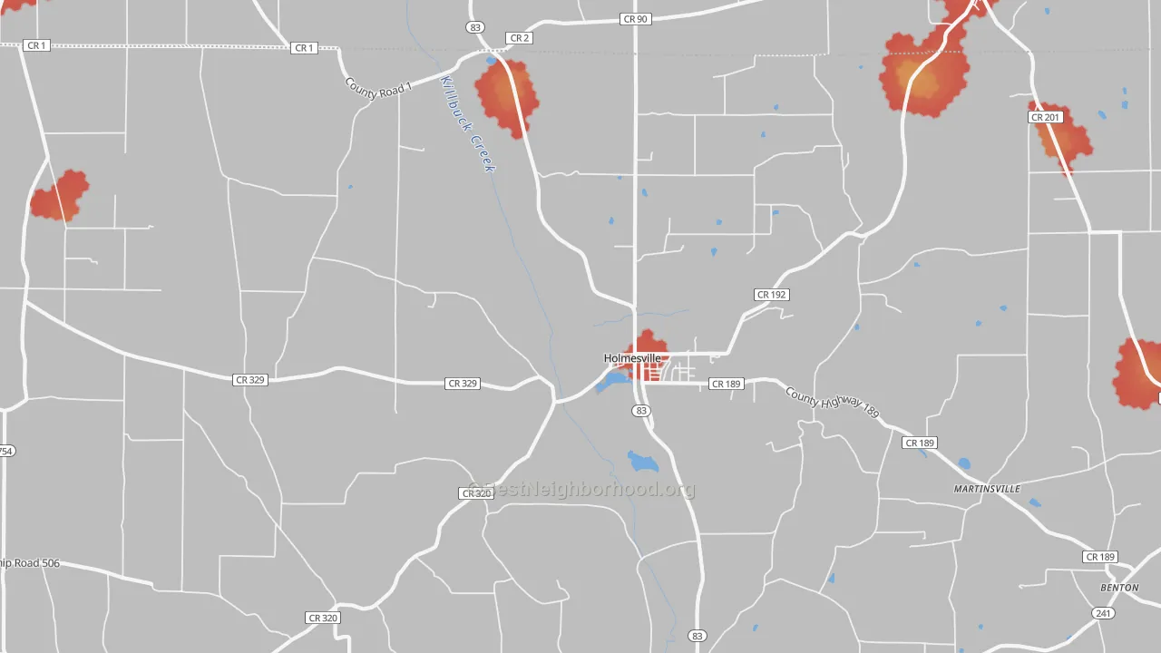 Walk Grade map of 44633, OH, walkable areas in green and car-dependent areas in red