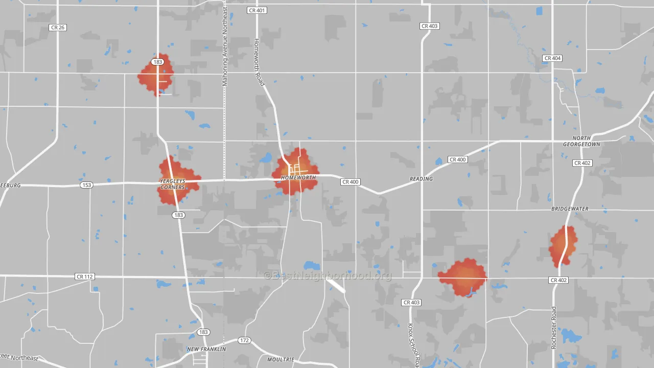 Walk Grade map of 44634, OH, walkable areas in green and car-dependent areas in red