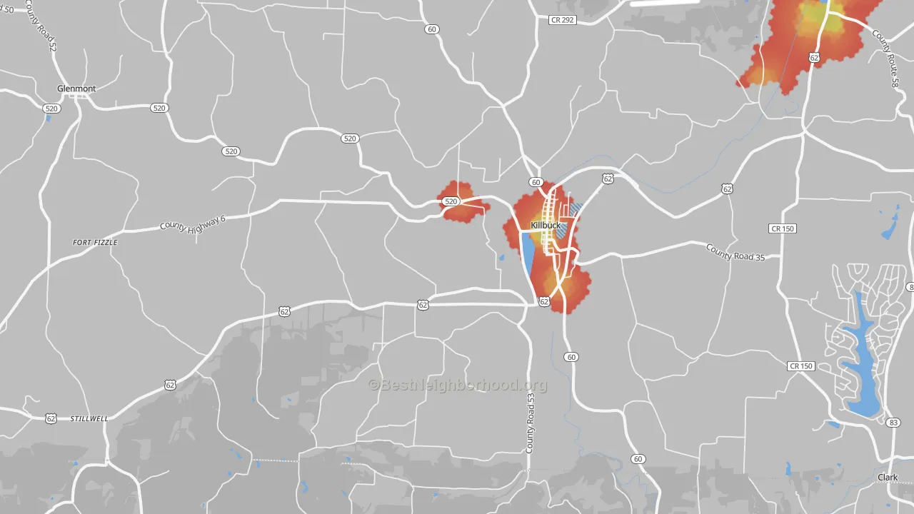 Walk Grade map of 44637, OH, walkable areas in green and car-dependent areas in red