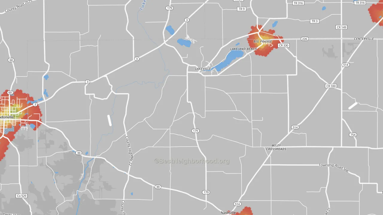 Walk Grade map of 44638, OH, walkable areas in green and car-dependent areas in red