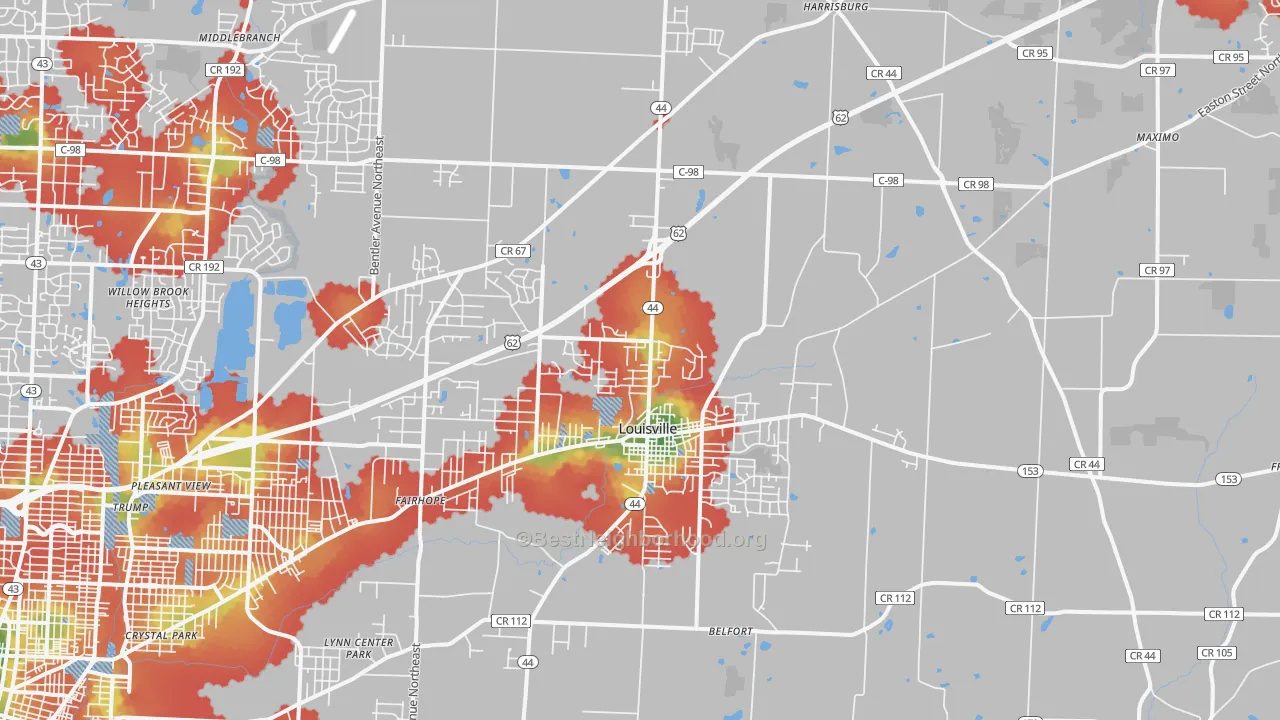 Walk Grade map of 44641, OH, walkable areas in green and car-dependent areas in red
