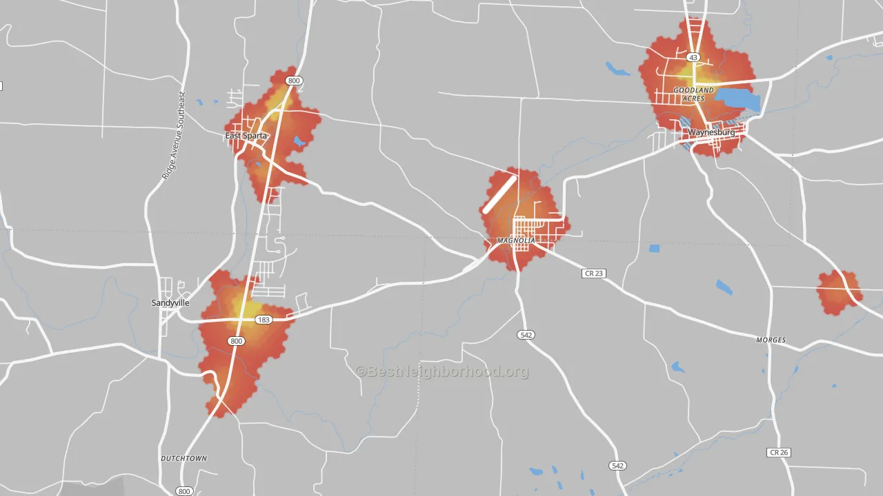 Walk Grade map of 44643, OH, walkable areas in green and car-dependent areas in red