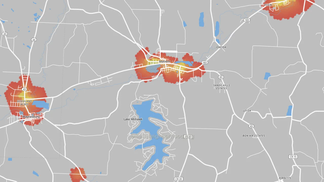 Walk Grade map of 44644, OH, walkable areas in green and car-dependent areas in red
