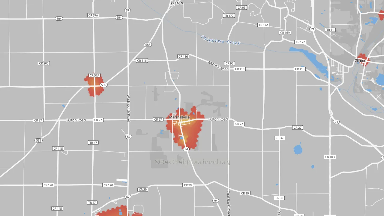 Walk Grade map of 44645, OH, walkable areas in green and car-dependent areas in red