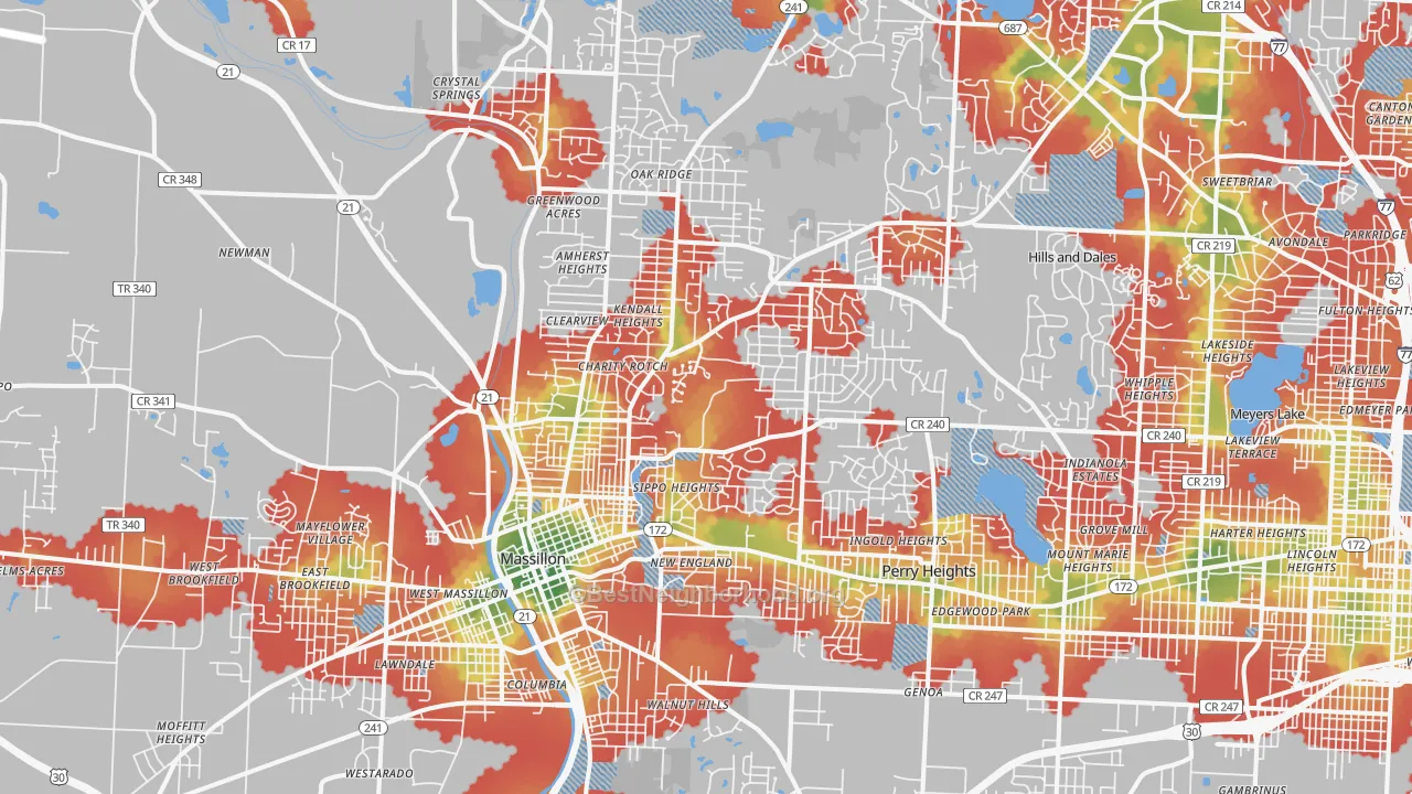 Walk Grade map of 44646, OH, walkable areas in green and car-dependent areas in red