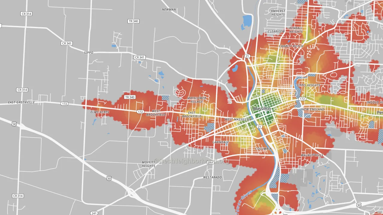 Walk Grade map of 44647, OH, walkable areas in green and car-dependent areas in red