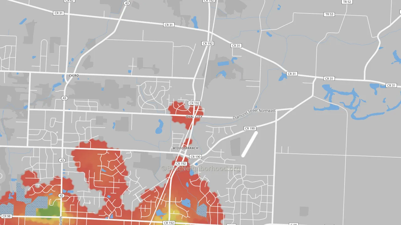 Walk Grade map of 44652, OH, walkable areas in green and car-dependent areas in red
