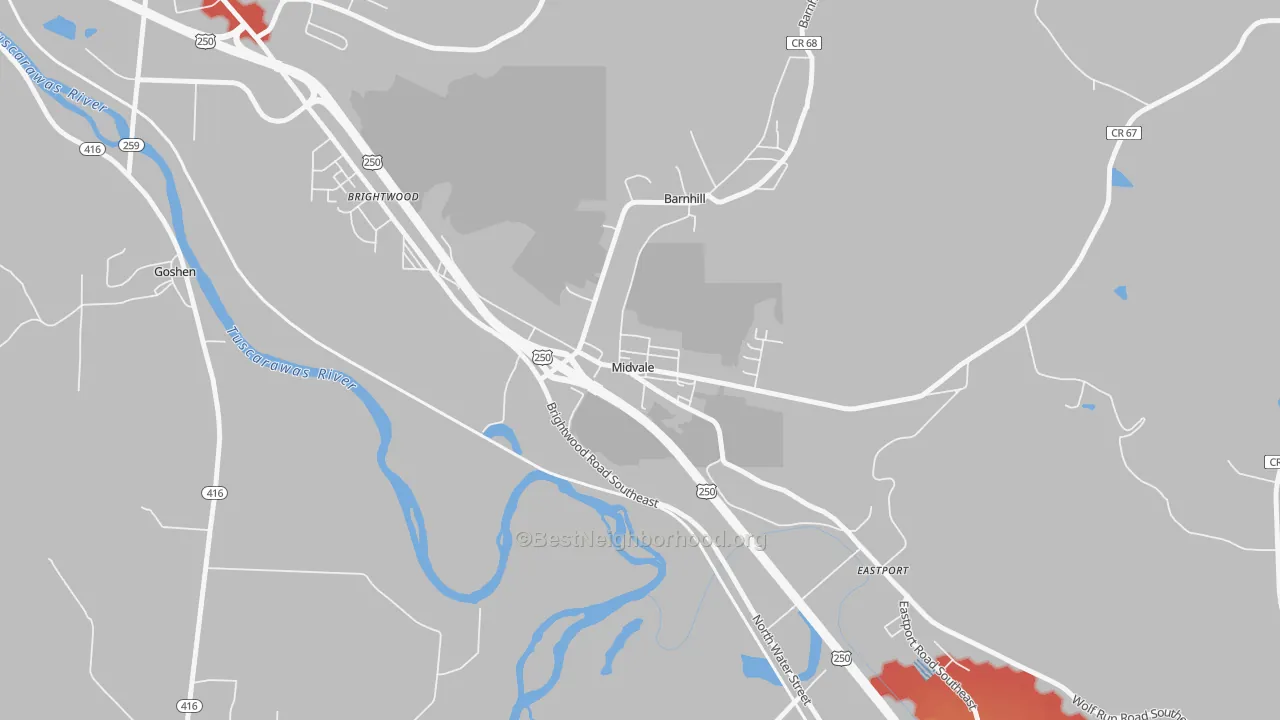 Walk Grade map of 44653, OH, walkable areas in green and car-dependent areas in red