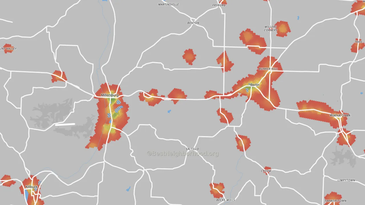 Walk Grade map of 44654, OH, walkable areas in green and car-dependent areas in red