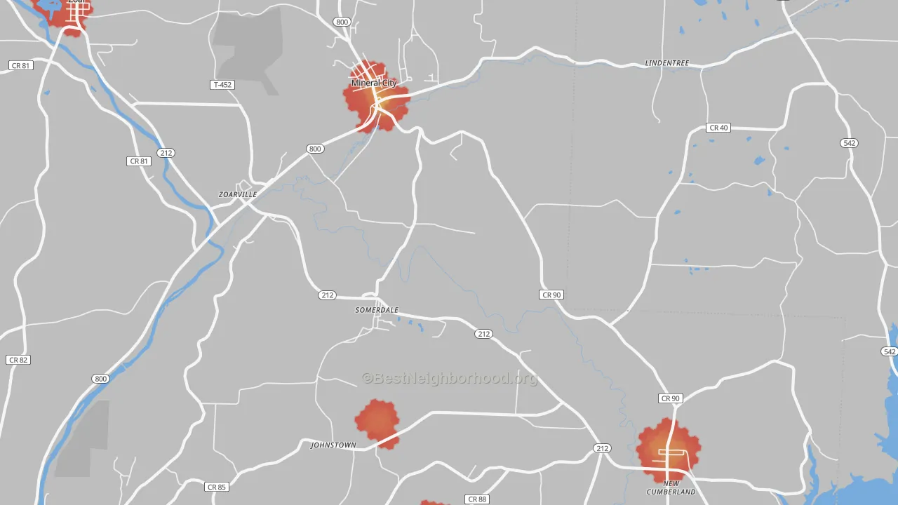 Walk Grade map of 44656, OH, walkable areas in green and car-dependent areas in red