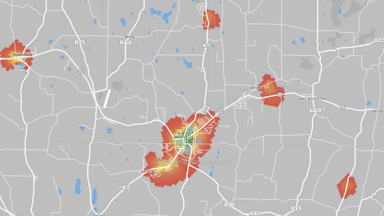 Walk Grade map of 44657, OH, walkable areas in green and car-dependent areas in red