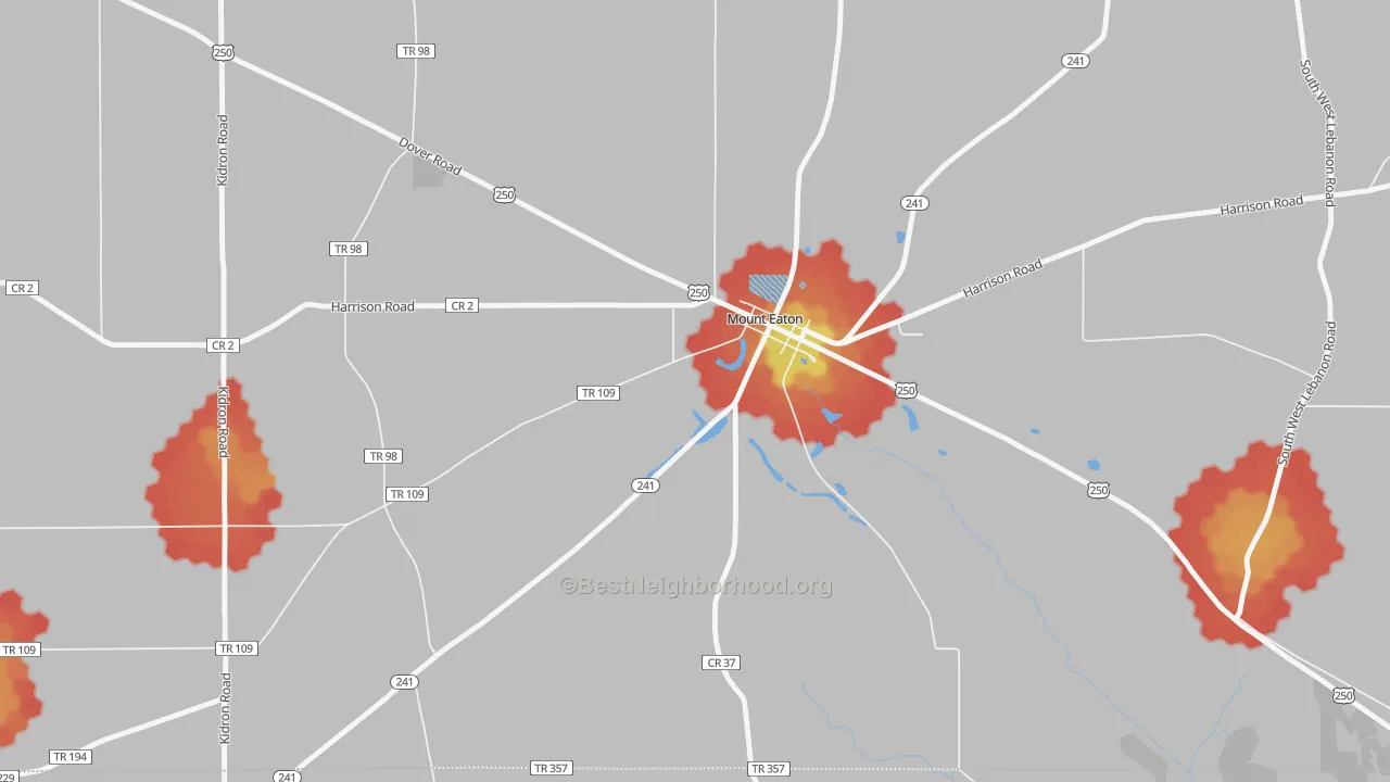 Walk Grade map of 44659, OH, walkable areas in green and car-dependent areas in red